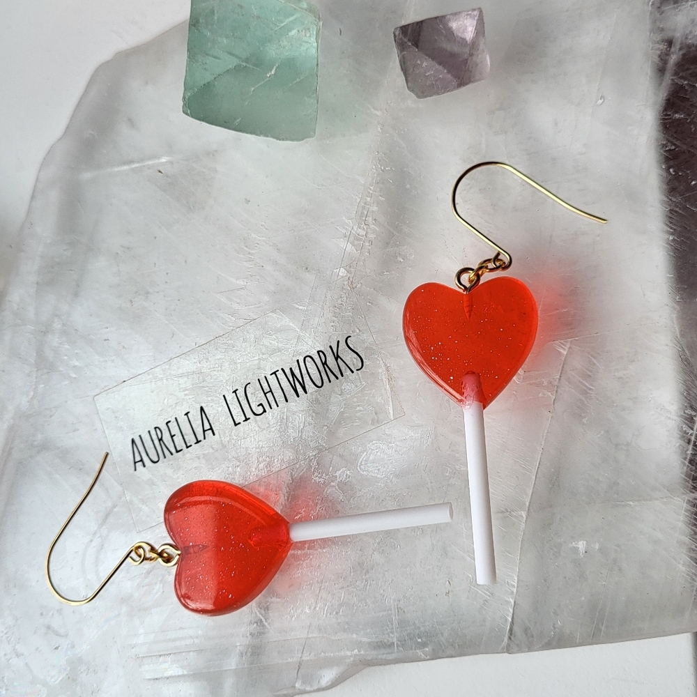❤️ Glitter Heart Lollipop Earrings - Red - Picture 4 of 10
